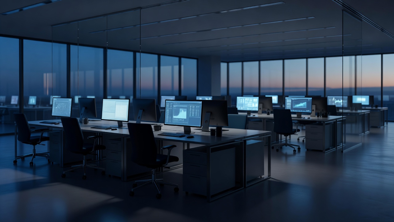 Wide-angle establishing shot of modern enterprise office floor at dusk, rows of empty workstations with glowing monitor screens reflecting cool blue ambient light, shot with 16mm lens at f/4, blue-hour twilight atmosphere