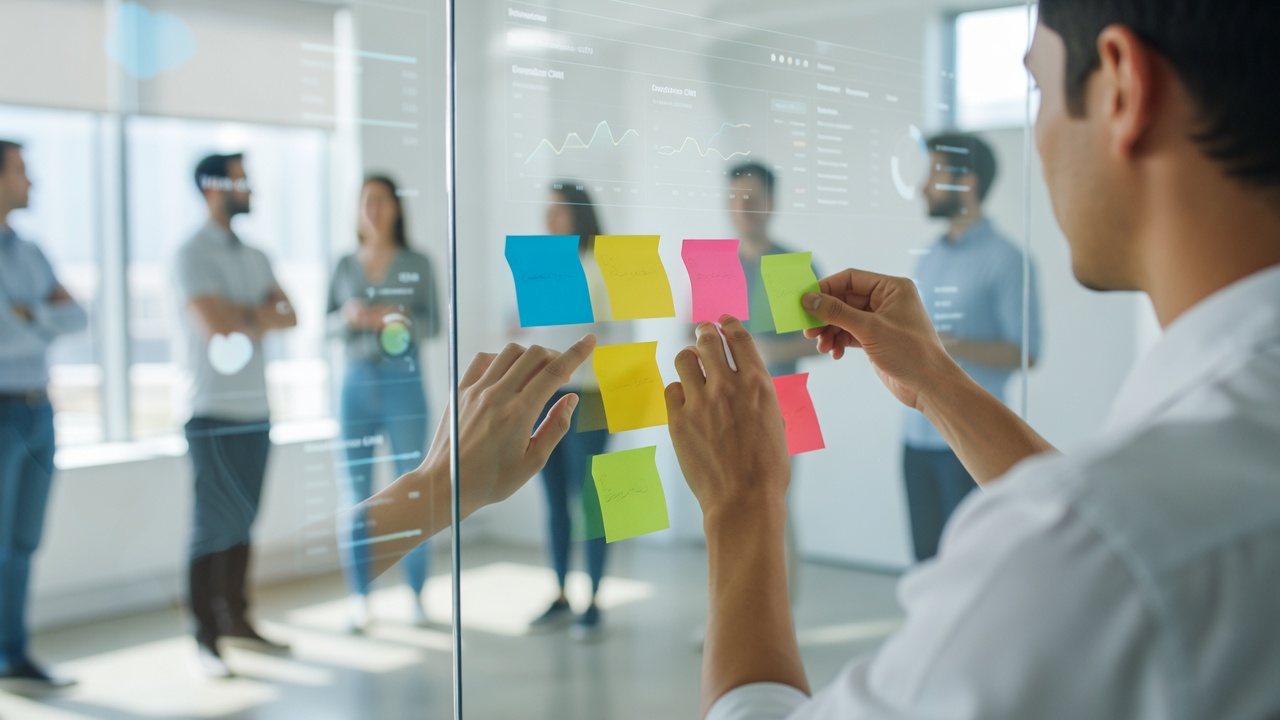 Over-the-shoulder medium shot of hands arranging color-coded sticky notes on glass office partition during team standup, Salesforce CRM interface reflecting faintly on transparent surface, bright natural window light flooding workspace creating clean high-key exposure, shot with 35mm lens at f/2.8