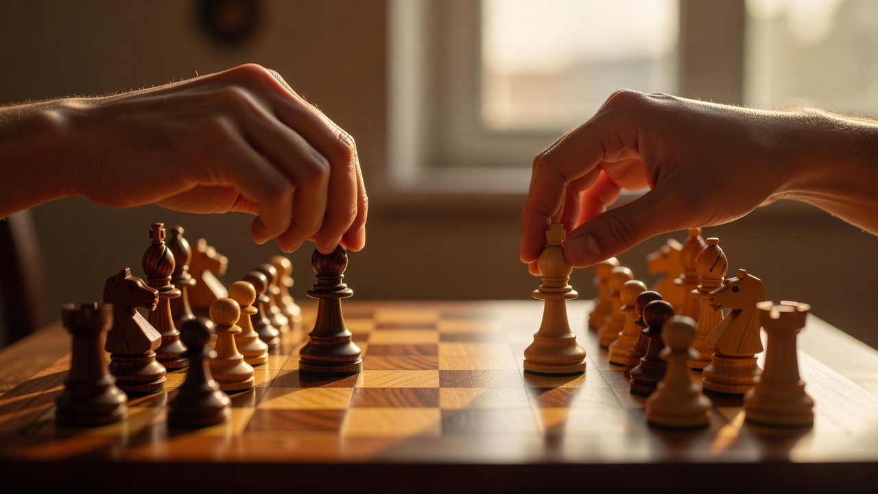 Overhead macro shot of two hands placing opposing chess pieces on a polished wooden board under warm golden-hour window light, shallow depth of field isolating the gesture of strategic positioning, shot on 85mm lens with soft amber rim light from right.