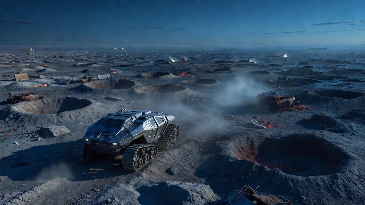 RoverTech Zmyi UGV traversing cratered kill-zone terrain at blue hour, wide establishing shot showing contested landscape stretching toward hazy front-line horizon, cool twilight ambient light, shallow mist, no text, no labels, no watermarks.