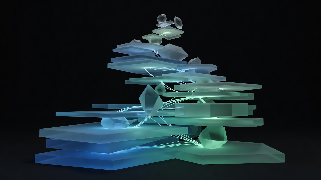 Abstract render of ascending translucent geometric layers