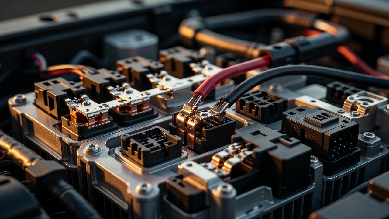 Tight macro of a hybrid vehicle's regenerative braking module and high-voltage battery connector junction, amber golden-hour sidelight raking across metal contacts, shallow depth of field.