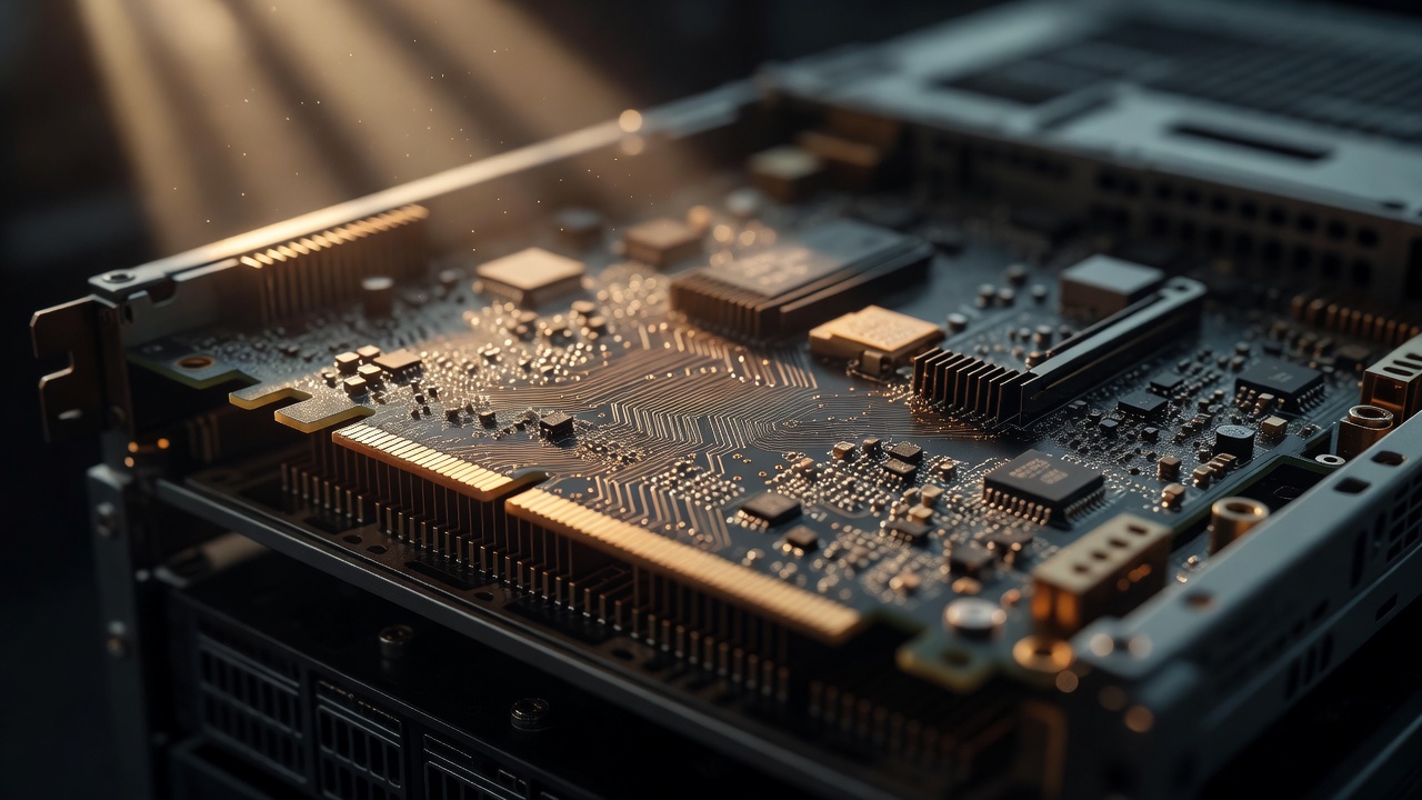 Warm golden-hour light raking across a physical server blade pulled halfway from its rack chassis, copper traces and connectors visible in tight macro, shallow depth of field, no screens, no text.