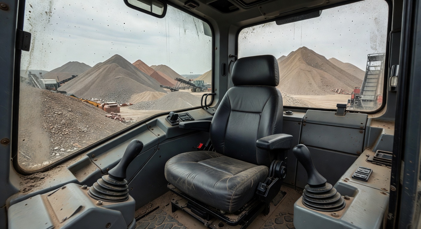 Heavy hydraulic excavator cab interior, empty operator seat, unmanned joysticks, dusty windshield overlooking an active aggregate stockpile yard, diffused overcast industrial daylight, wide-angle lens.