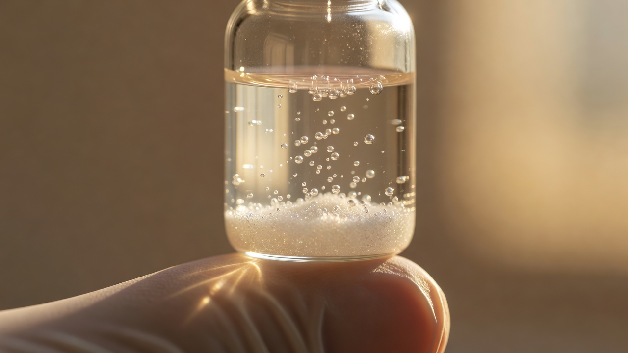 Close-up of a small glass vial balanced on a fingertip, holding water with rising bubbles above fine white powder at the bottom.