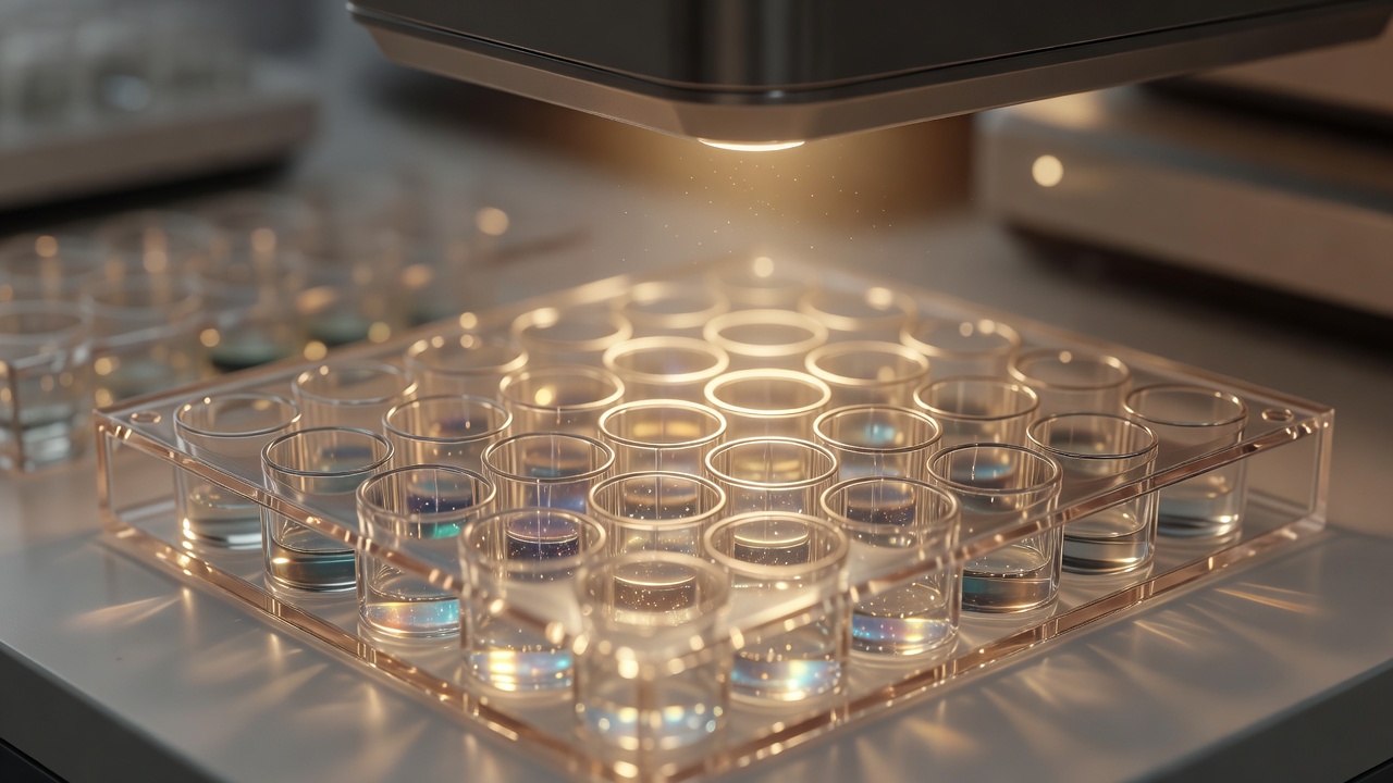 Golden-hour close-up of protein biomarker microplate wells under Olink Explore HT scanner light, warm amber glow, macro lens, shallow depth of field, f/2.8.