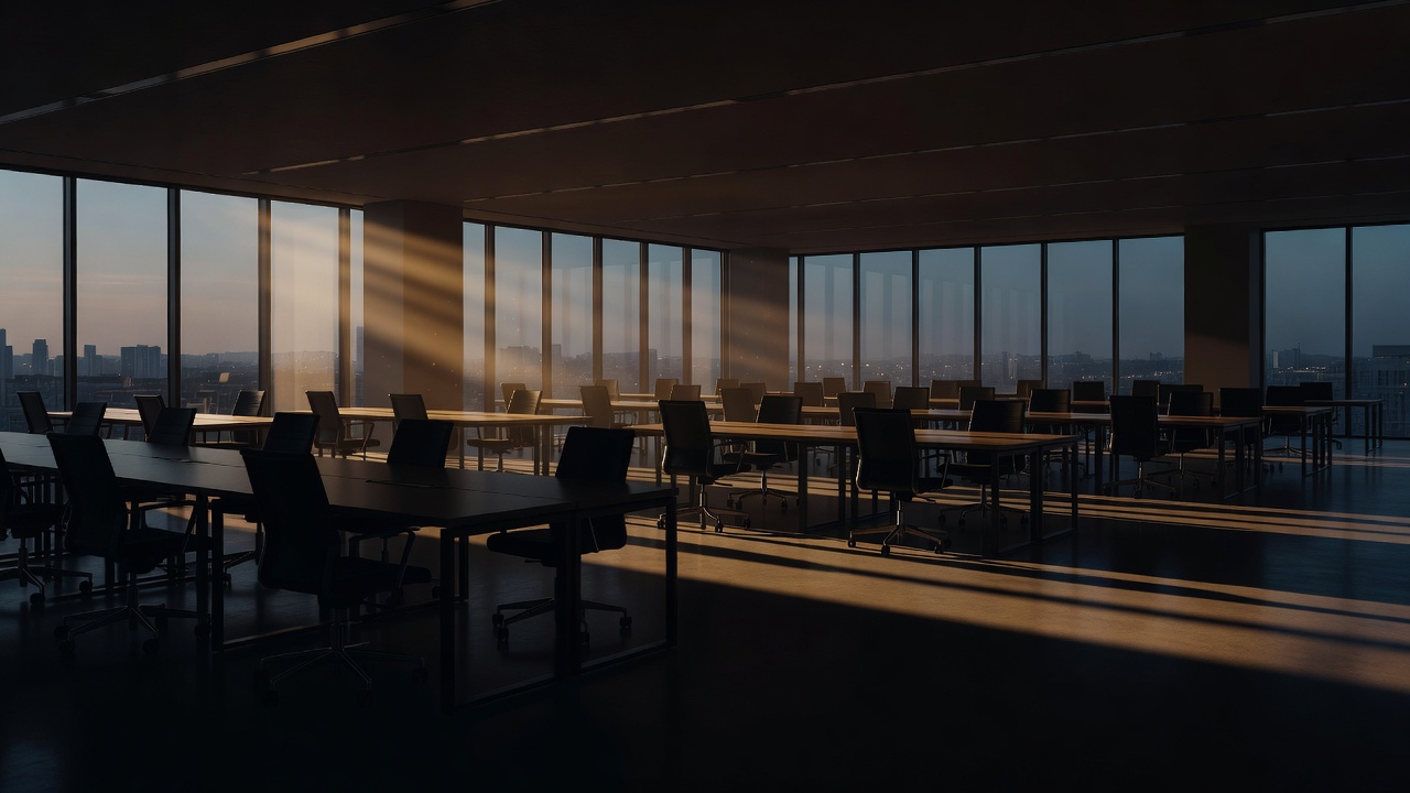 Wide shot of an empty modern open-plan sales floor at dusk, rows of unlit desks and chairs in silhouette, golden hour light streaming through tall windows, 24mm lens