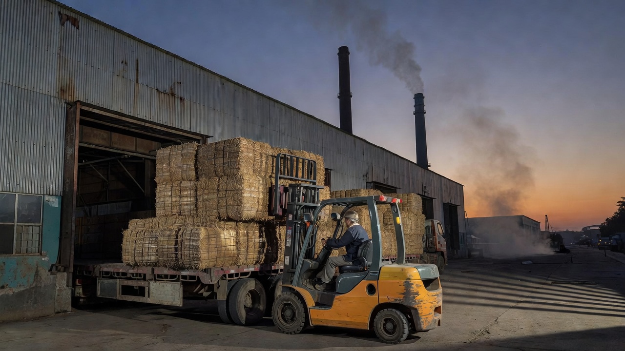 Bamboo pulp bales stacked floor to ceiling in a dim Asian processing warehouse, worker silhouettes distant, single shaft of overhead light, wide low-angle lens.