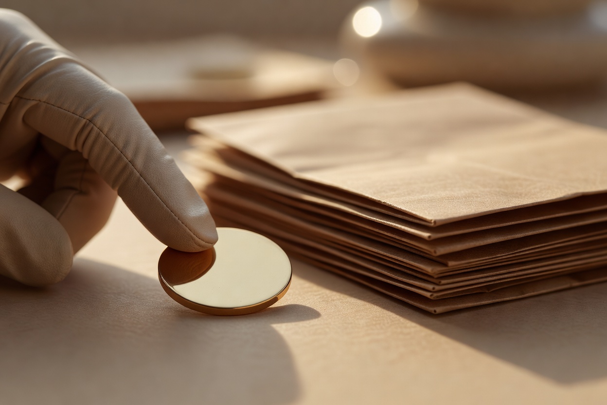 A gloved finger presses a plain brass coin on a tabletop next to a neat stack of brown paper sheets.
