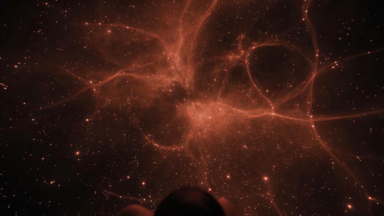 Over-the-shoulder medium shot of the early universe's cosmic web rendered as a glowing amber-red diffuse haze, dense with compact bright pinpoint Little Red Dots scattered across the primordial dark, high-key luminous exposure, wide-aperture lens.
