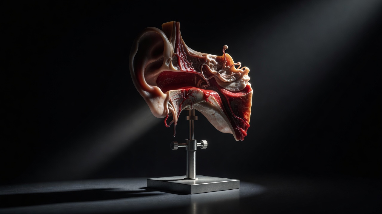 Low-angle hero shot of a pinniped middle ear reconstruction model mounted on a laboratory stand, the blood-filled cavernous sinus cavity dramatically illuminated by a single raking spotlight against deep shadow, shot on 35mm lens with moody chiaroscuro lighting.