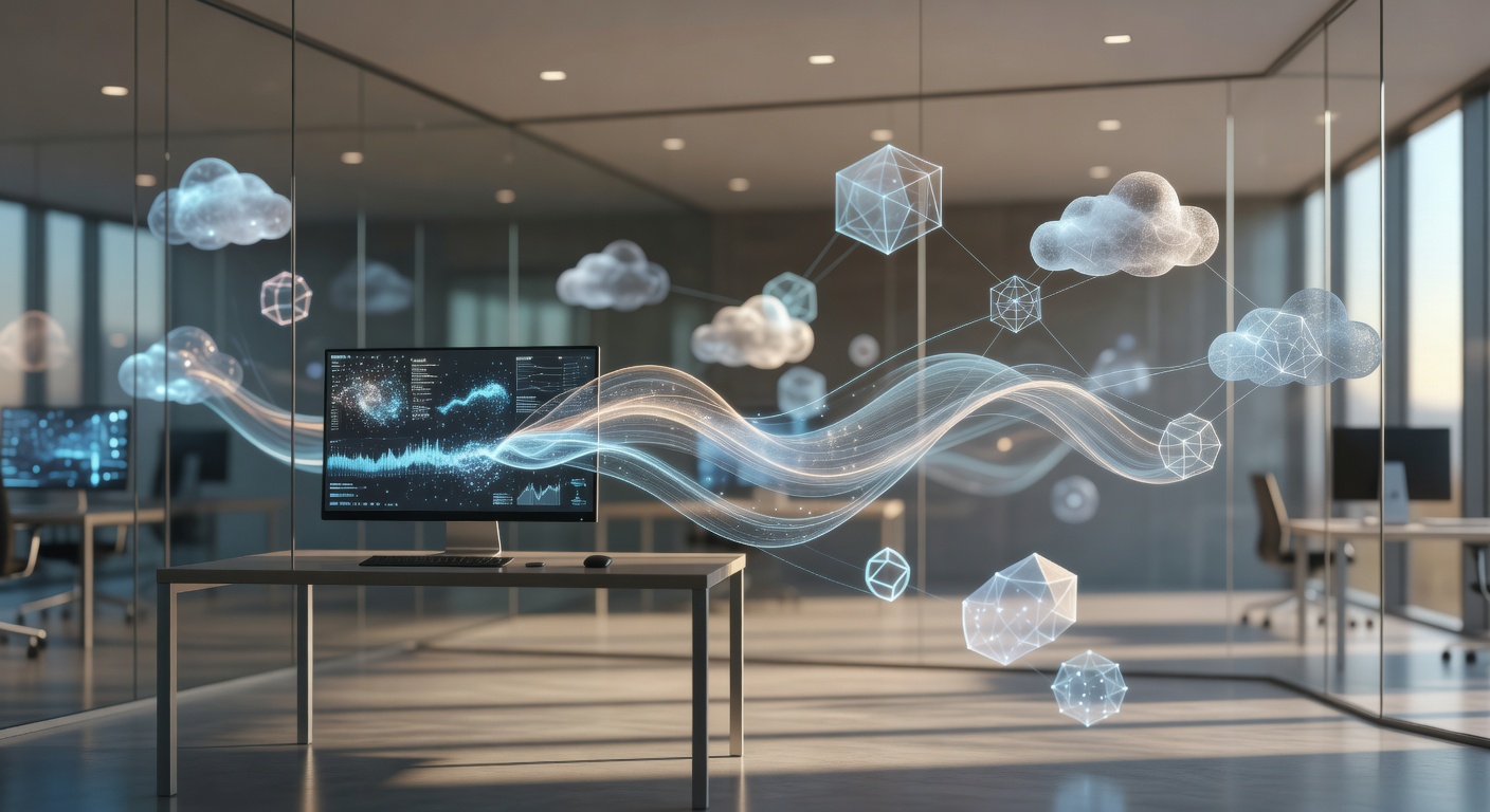 Wide-angle view of a modern glass-walled campaign manager interface workspace with ambient holographic data streams flowing between desktop monitor and abstract cloud infrastructure nodes, warm diffused lighting through windows, shot on 24mm lens, shallow depth of field