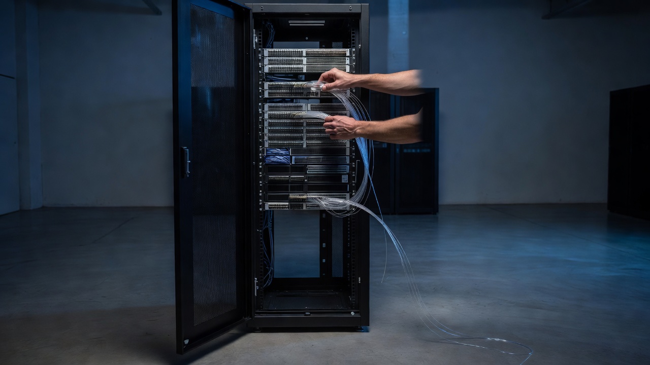 Hands adjusting a fiber patch panel inside an open server rack, cable path leading nowhere else in the room, cool blue-hour ambient light, deep shadow, wide-angle lens, long exposure glow.