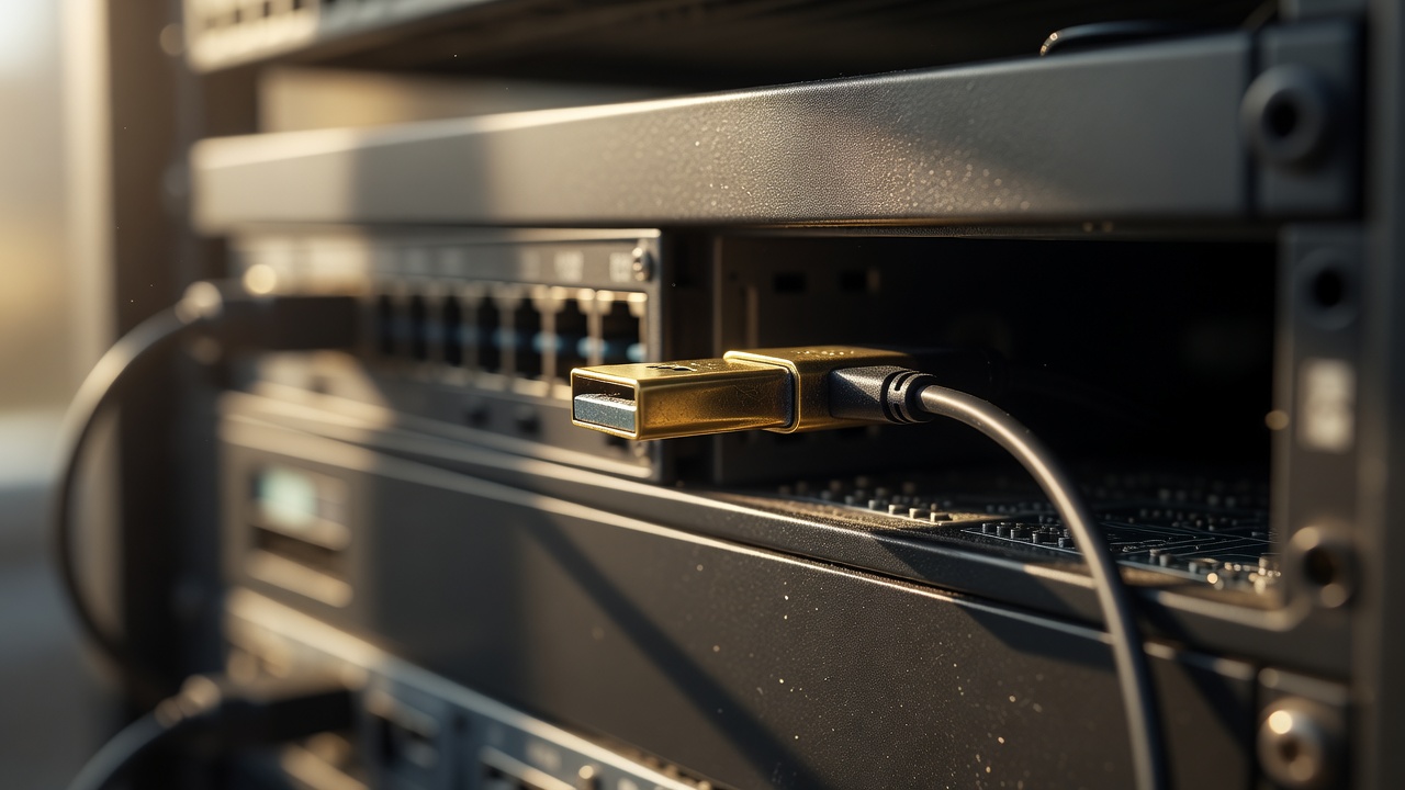 Close-up of a brass USB drive plugged into an open server rack slot beside a network switch, with a cable trailing away.