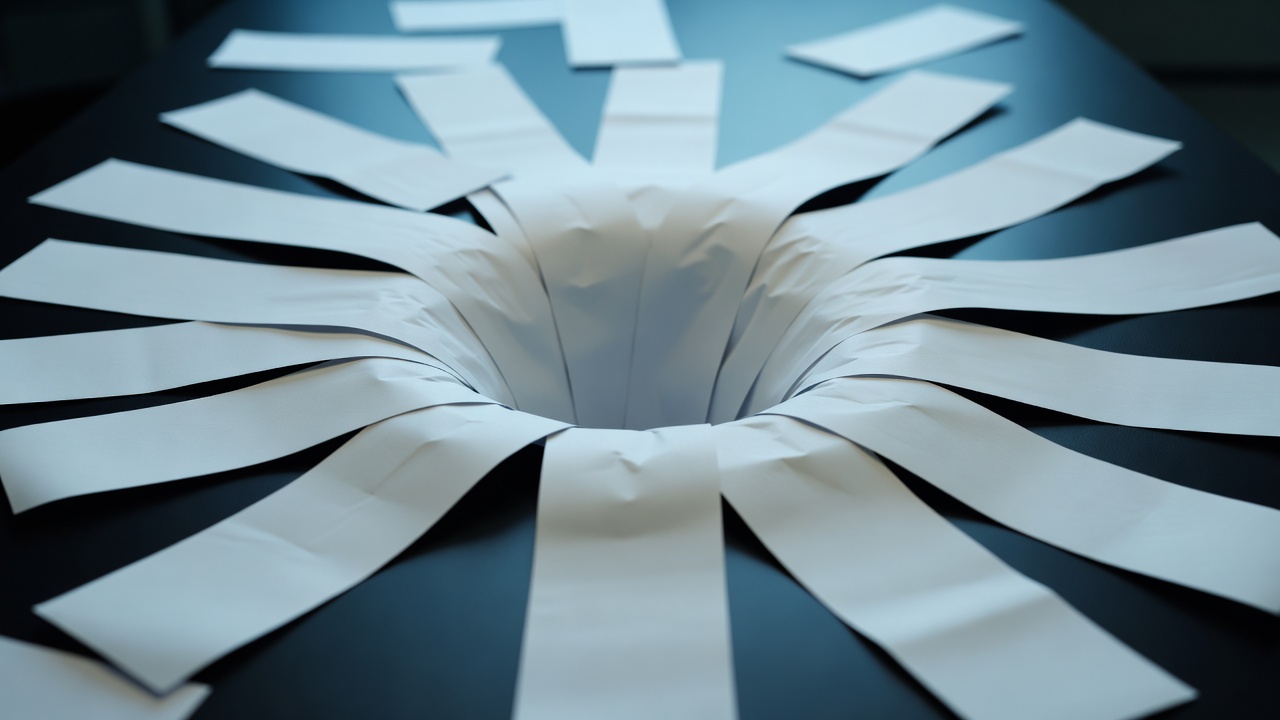 Overhead macro shot of dozens of loose paper document streams on a dark table converging into a single funnel-shaped channel, cool blue-teal lighting, 50mm lens, shallow depth of field