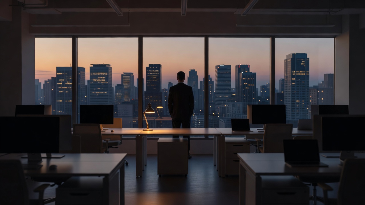 A lone figure in a dark suit stands at floor-to-ceiling windows in an empty office at dusk, the city skyline beyond.