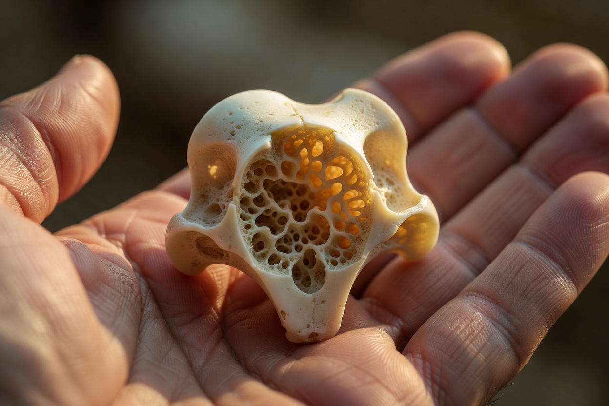 Macro close-up of a pinniped middle ear bone specimen resting on a researcher's palm, the cavernous sinusoidal blood cavity visible in warm golden-hour side light, shallow depth of field, 100mm macro lens.