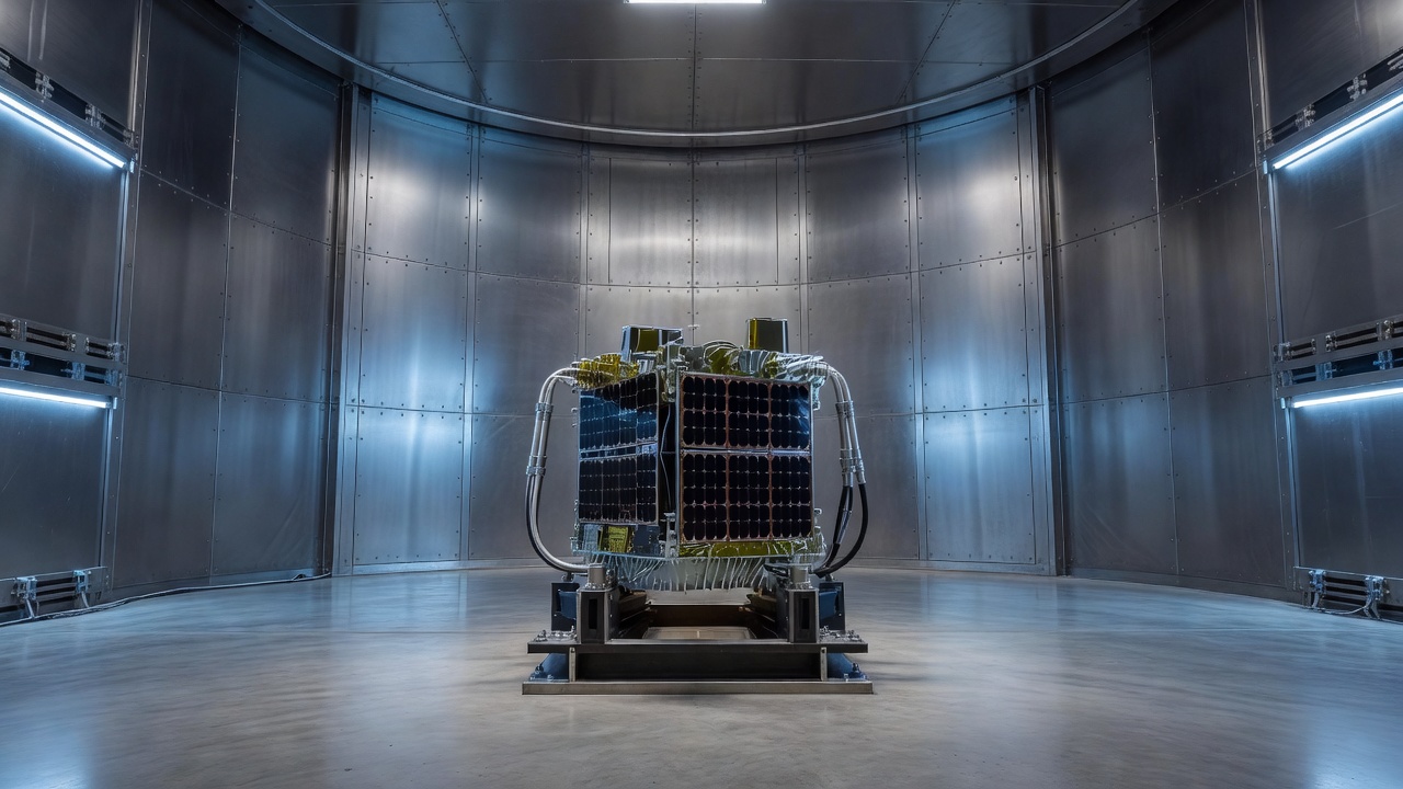 Wide establishing shot of a small cubesat mounted inside a large vacuum test chamber, dual propellant feed lines visible along the chassis, cool blue ambient lighting from chamber interior, shot on wide-angle lens with deep depth of field, no text, no labels, no watermarks