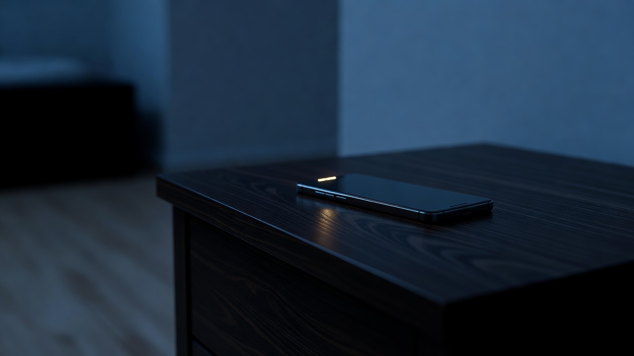 A wide blue-hour shot of a smartphone screen glowing softly face-down on a nightstand, notification light pulsing faintly, cool ambient light, long exposure with shallow depth of field.