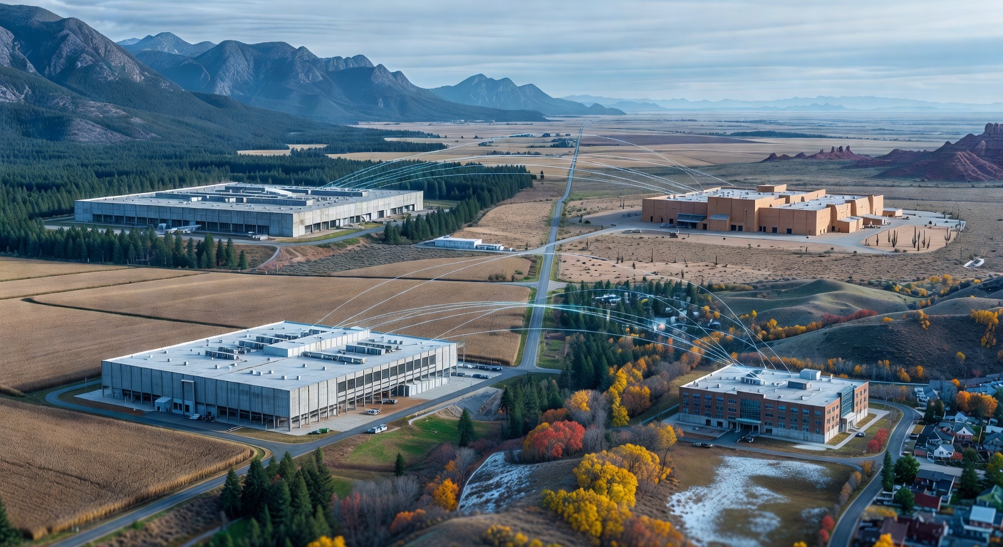 Aerial view of four industrial data center buildings across different U.S. states, each with distinct regional architecture and surrounding landscape, connected by implied network lines, shot with 24mm tilt-shift lens, overcast diffused daylight with cool blue-gray tones