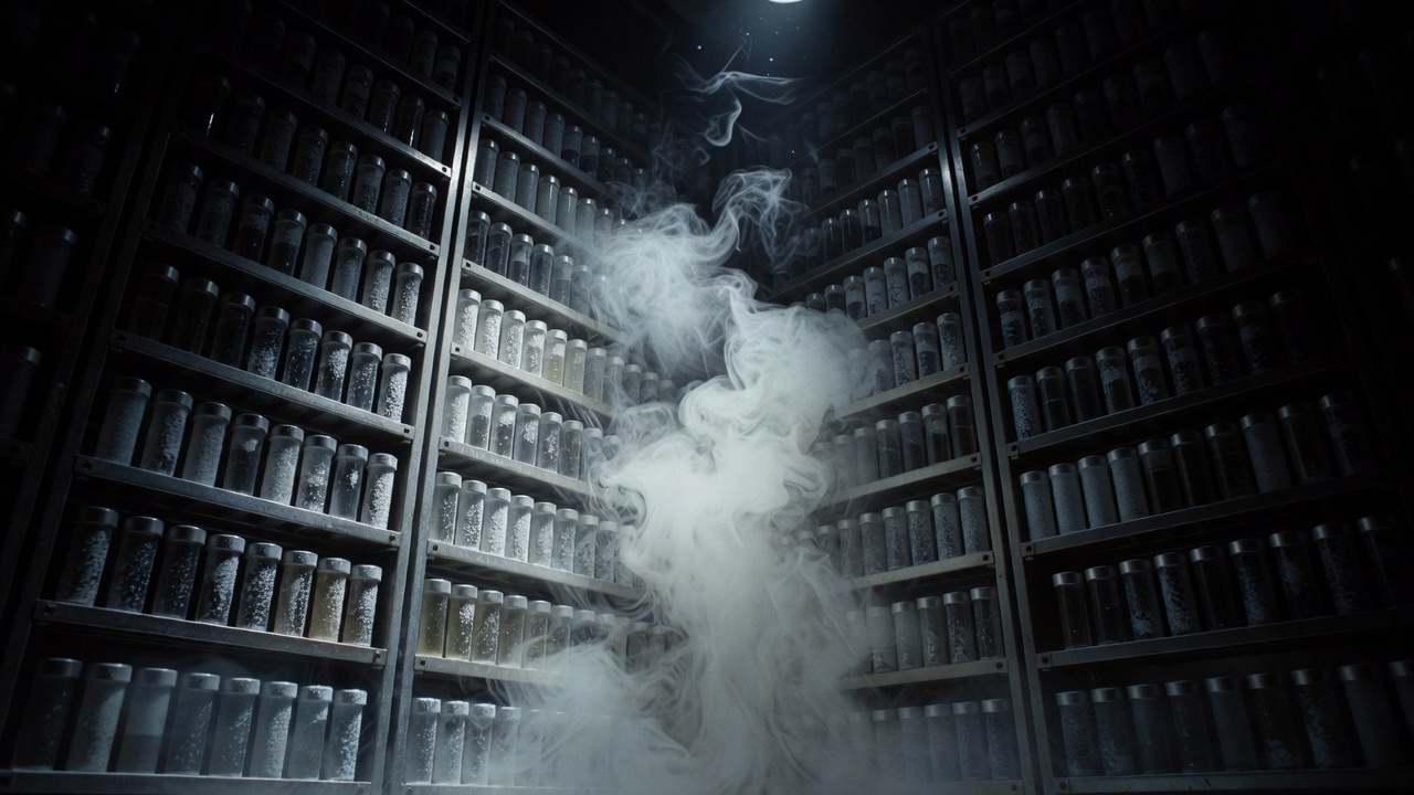 Low-angle hero shot inside cryo-freezer storage racks of tumor tissue vials, frost billowing off dry-ice fog, deep shadow, single overhead spotlight, 35mm, low-key dramatic lighting.