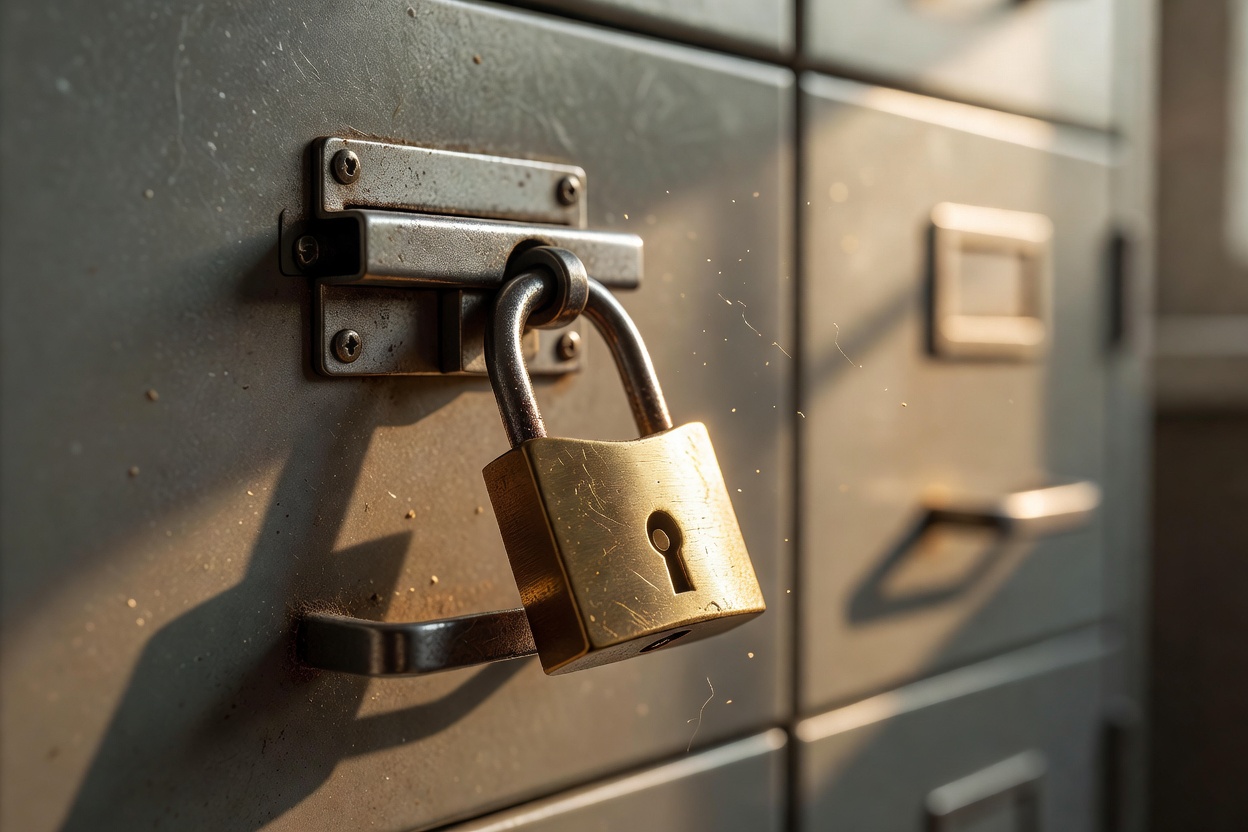 Macro close-up of a brass padlock hanging open on a steel filing cabinet latch, shackle released, dust motes catching the light, shallow depth of field, warm golden-hour sidelight, shot on a 100mm macro lens