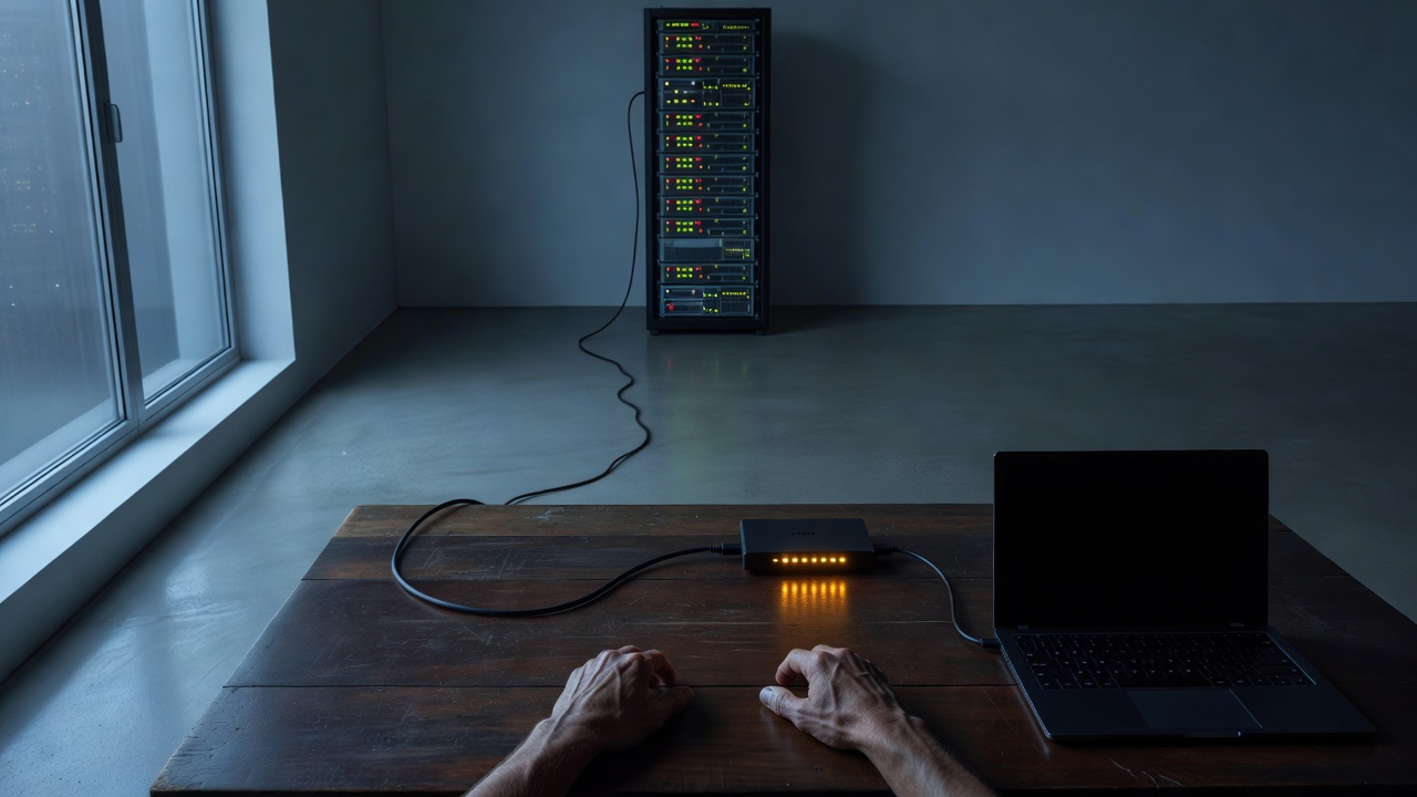 A person's hands rest on a wooden desk beside a dark laptop and a glowing router, with a cable running to a distant server rack.