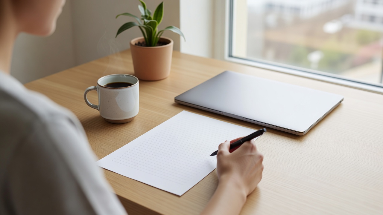 A person seated at a light wooden desk by a window holds a pen over lined paper, next to a closed laptop, coffee mug.