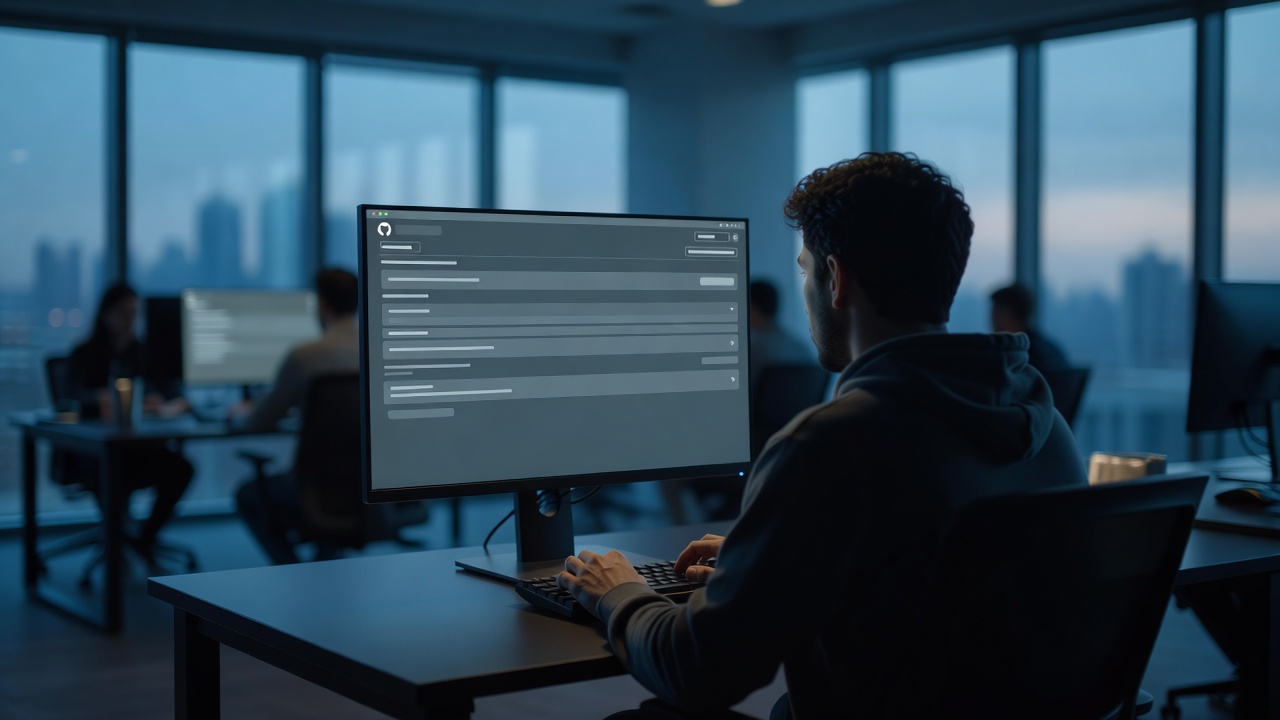 Wide shot of a modern GitHub repository merge request interface viewed from behind a developer's shoulder in an open-plan office at blue hour, hands hovering over keyboard, ambient cool teal light from large windows, shallow depth of field isolating the figure against softly blurred team workspace, shot on 35mm lens with natural twilight color grading.