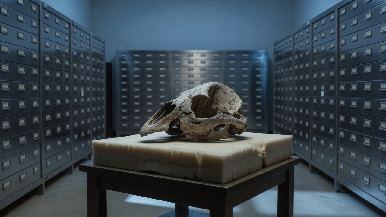 Fossilized pinniped skull displayed on archival foam padding inside a natural history museum collection room, rows of specimen drawers receding into background, blue-hour ambient light, wide establishing shot, 24mm lens, cool desaturated tones.