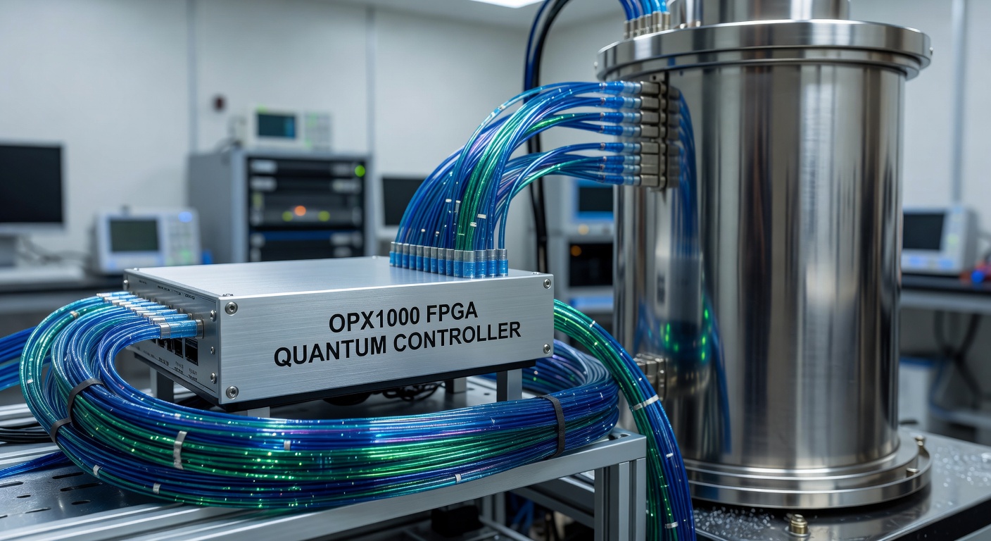 close-up of OPX1000 FPGA quantum controller unit with fiber optic cables connecting to dilution refrigerator housing superconducting qubit chip