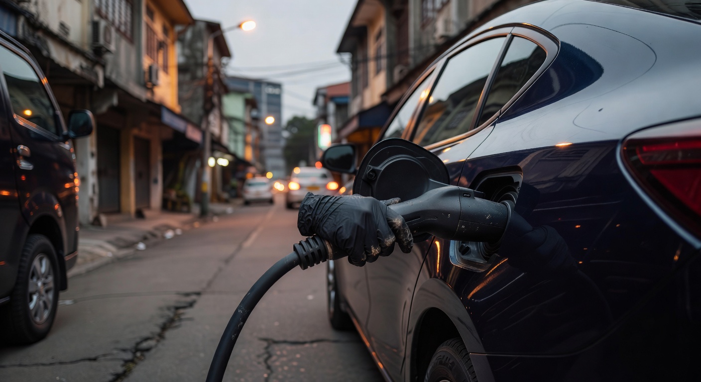 Electric van on a Metro Manila boulevard at dusk, charging cable deployed to a stopped BYD sedan, dense low-rise shophouse streetscape behind, warm sodium ambient light, 35mm lens.