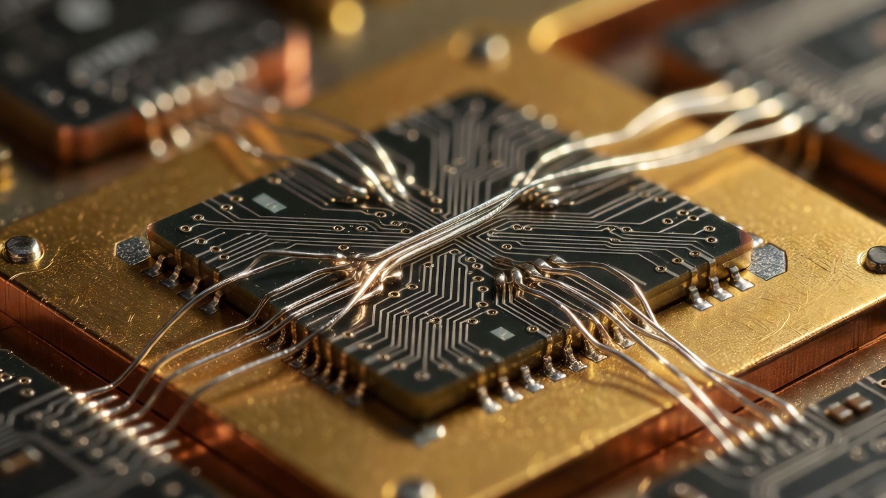 Tight macro close-up of a superconducting qubit chip mounted on a gold-plated copper sample holder, delicate aluminum wire bonds arcing between pads, shot on 100mm macro, f/2.8, warm golden backlight raking across the metallic surface.