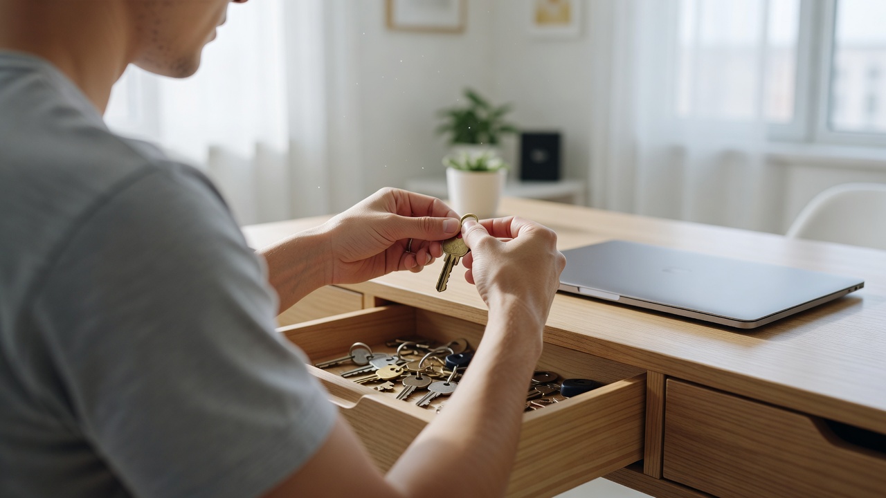 A person holds a single brass key over an open desk drawer full of keys, with a closed laptop on the desk beside them.