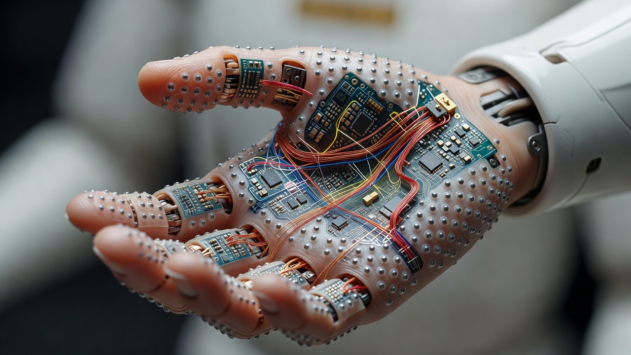 over-the-shoulder medium shot of a robotic hand interior revealing densely packed tactile sensor arrays across the palm surface, exposed circuitry and sensing grid visible, bright high-key studio lighting, wide aperture lens