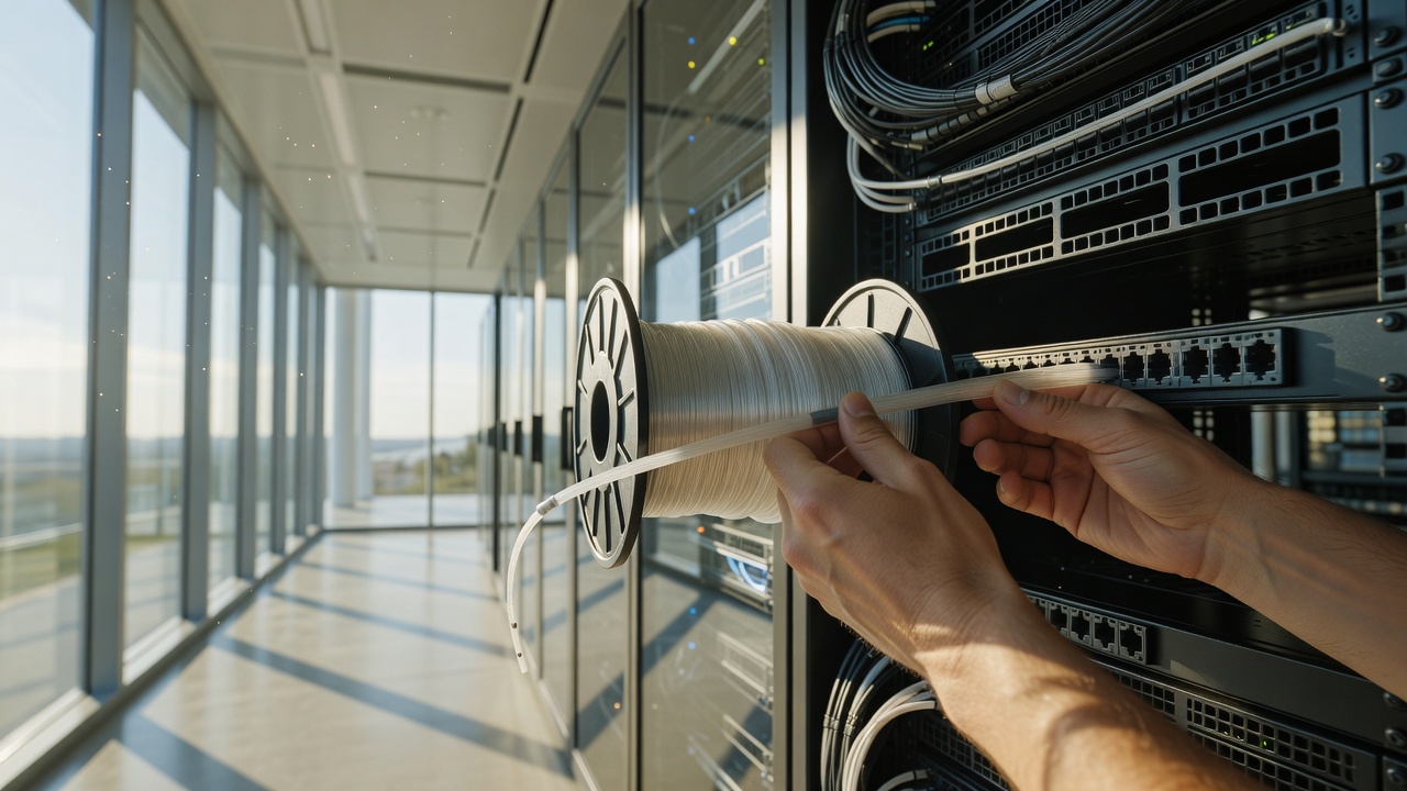 Hands feeding a spool of fiber cable into a rack-mounted patch bay in a bright glass-walled data center, sunlight streaming through windows, shallow depth of field, 35mm lens, crisp natural daylight.