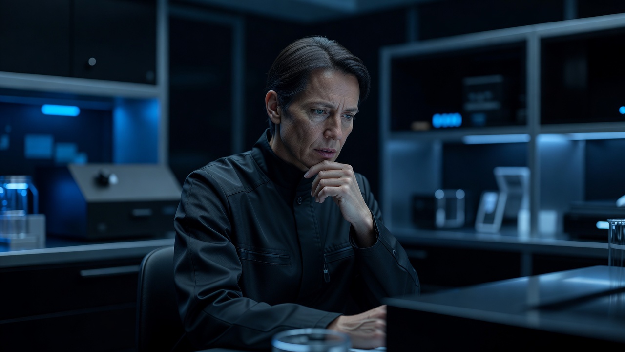 A researcher analyzing experiment data in a dark modern lab