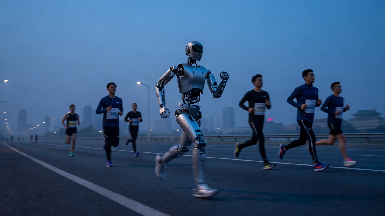 Humanoid robot mid-stride on a Beijing road-race course at blue hour, numbered bibs on nearby competitors visible, motion blur on legs, wide establishing shot, cool pre-dawn ambient light with distant street lamps.