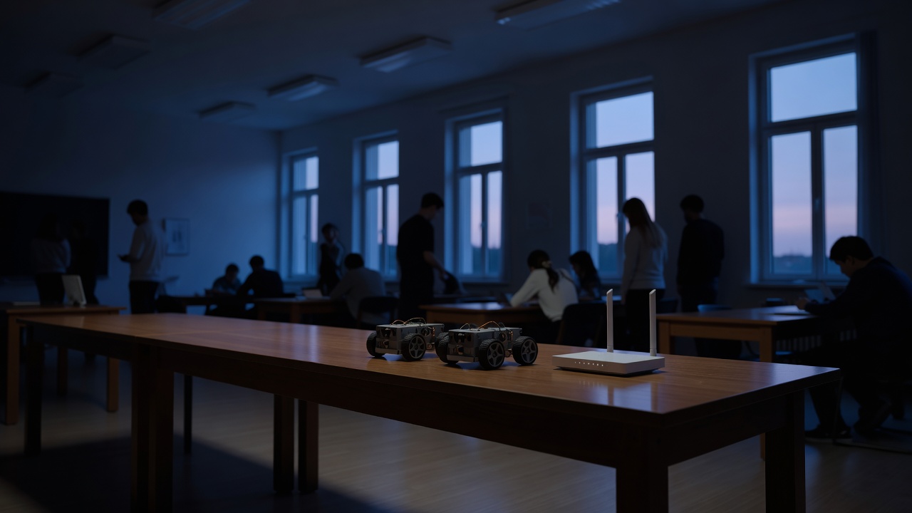 Wide establishing shot of two small wheeled robots on a classroom table beside a portable router, dusk light through tall windows, students' silhouettes blurred, cool blue-hour palette, 24mm lens, soft ambient glow.