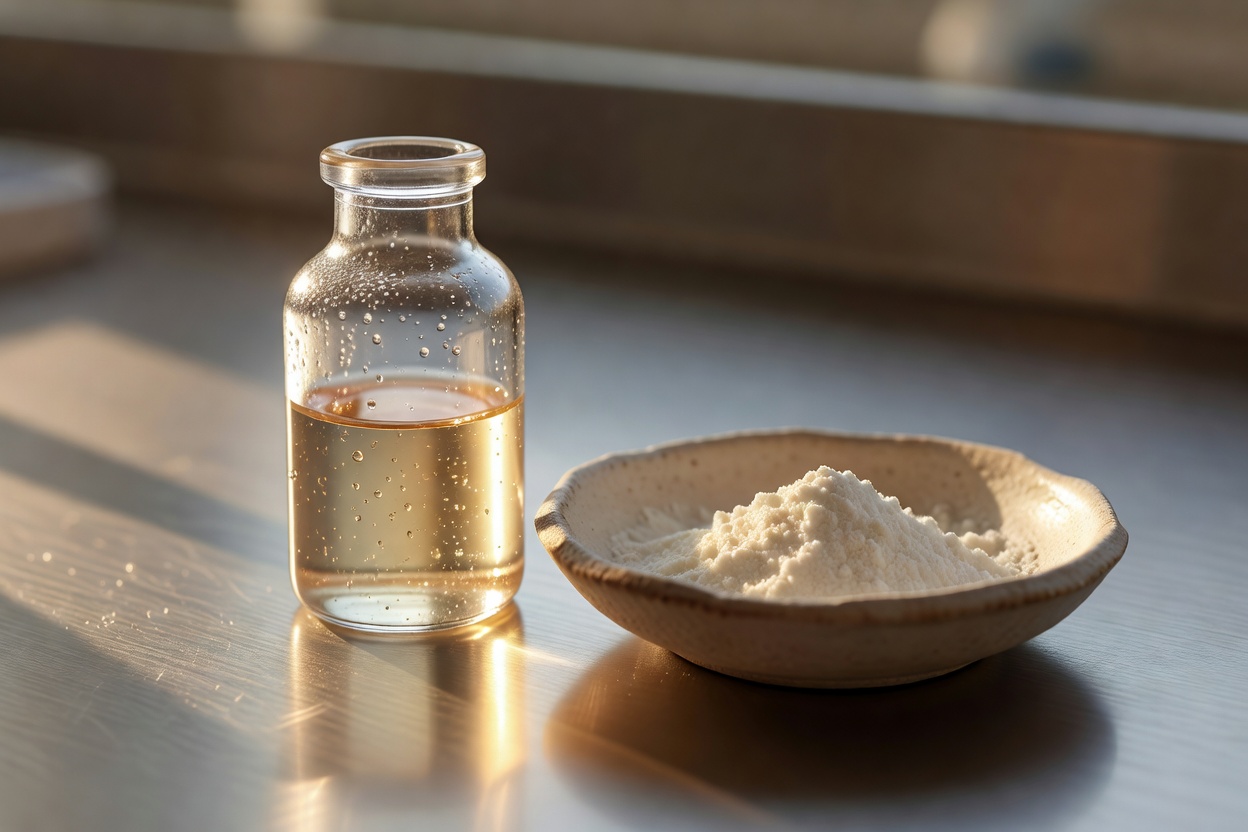 Clear glass vial of pale amber liquid beside a small ceramic dish of white powder on a brushed metal lab bench in warm sunlight.