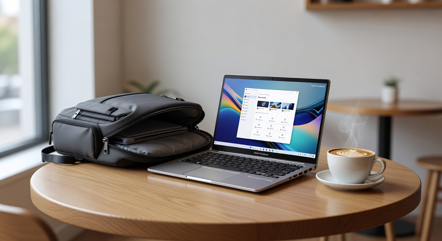 Asus Vivobook S 14 OLED next to an open backpack on a cafe table with coffee cup, lifestyle shot showing portability, na