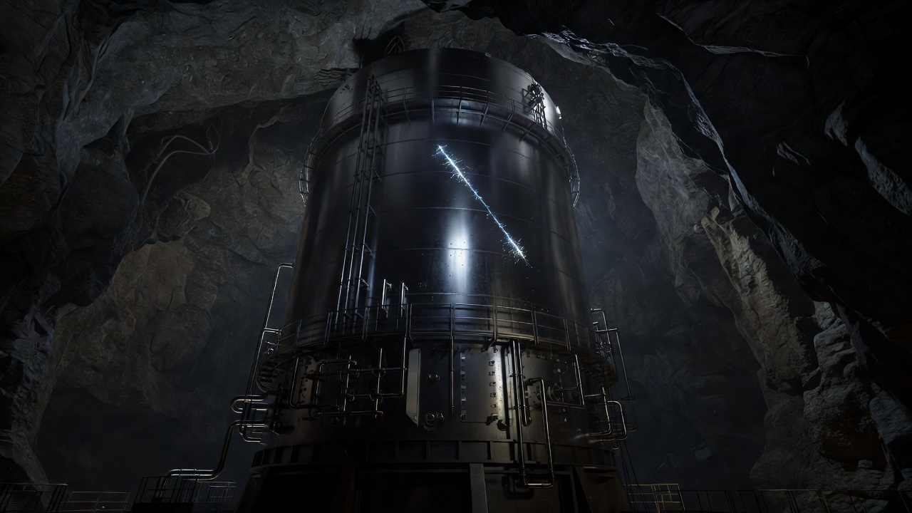 Wide low-angle hero shot of a liquid-xenon detector's massive cylindrical vessel looming overhead in a cavern, single stray particle-track spark frozen mid-collision, deep shadow, dramatic side-lighting, wide-angle lens.