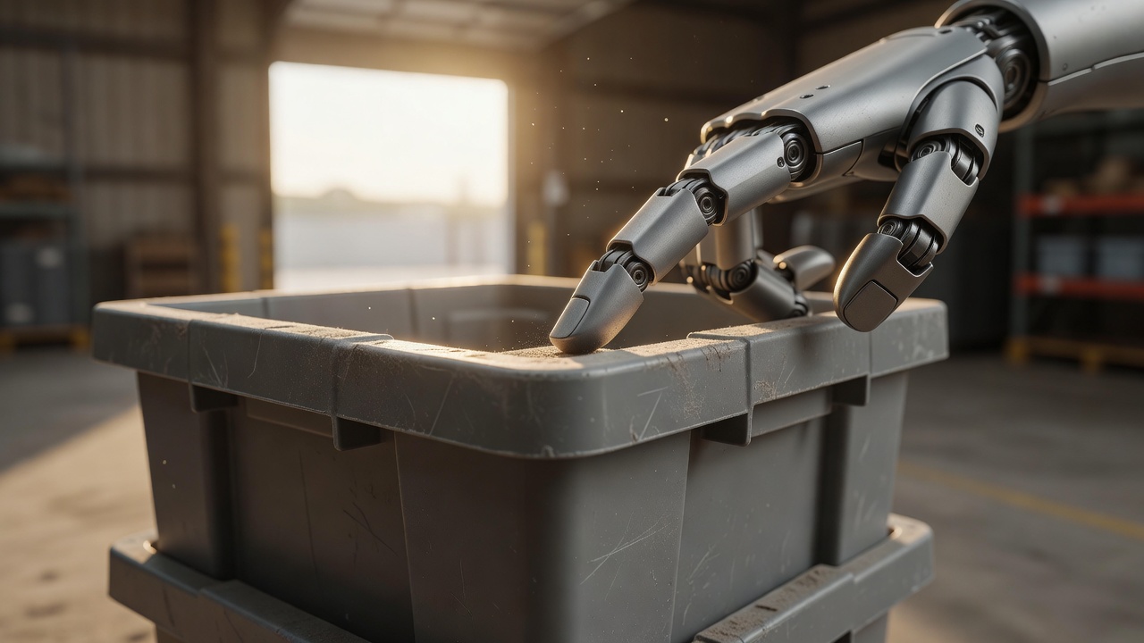 A robotic hand with metal fingers touches the rim of a scuffed gray plastic tote in a sunlit warehouse loading dock.