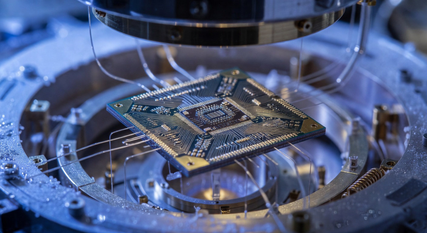 close-up of a cryogenic quantum processor suspended inside a dilution refrigerator, gold superconducting circuit traces visible on the chip surface, cool blue ambient light, macro lens