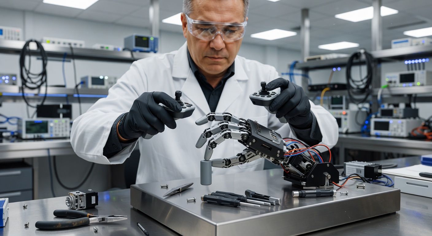 researcher in a laboratory setting operating a multi-fingered dexterous robot hand mounted on a test bench, demonstratin