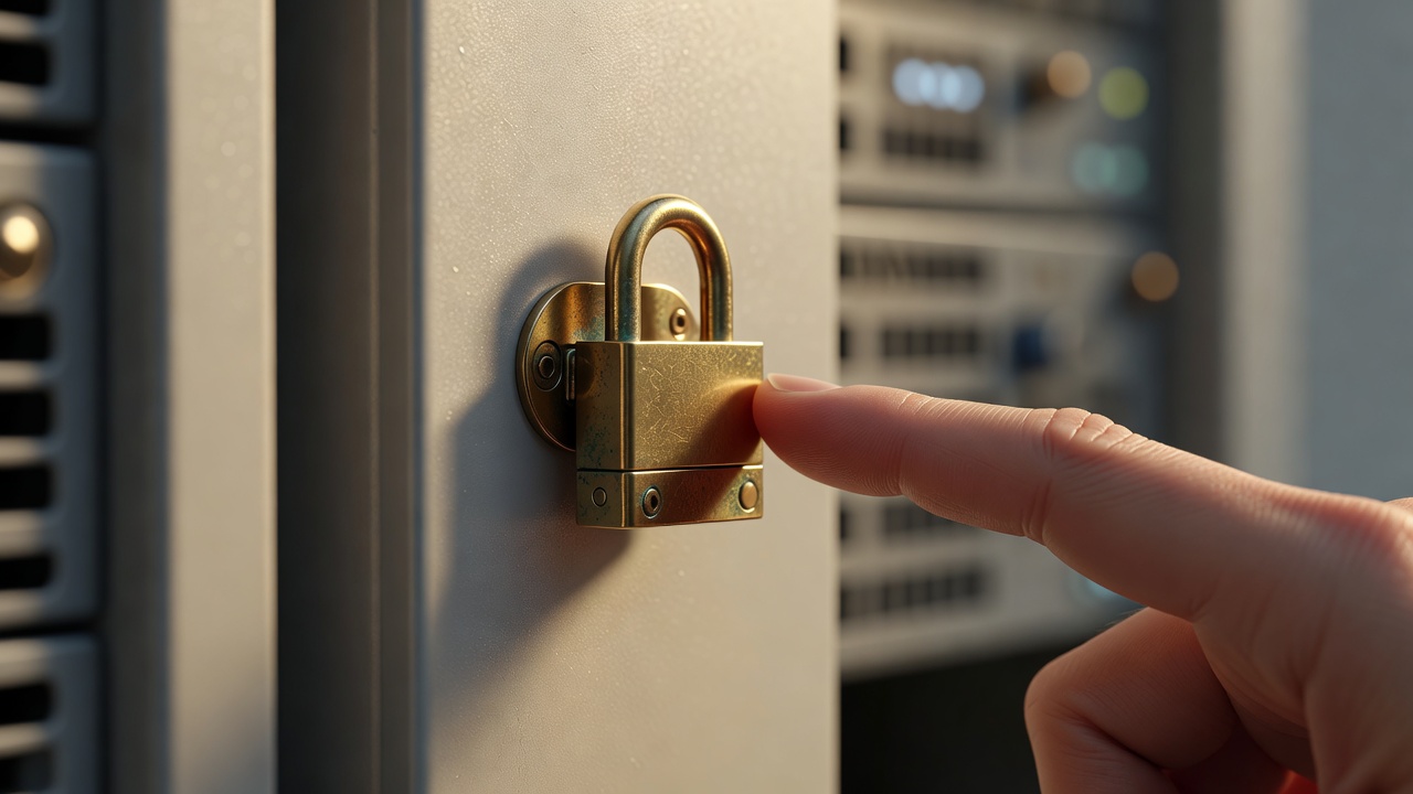A fingertip rests beside a brass padlock fixed to a server cabinet door, with blurred rack equipment glowing in the background.