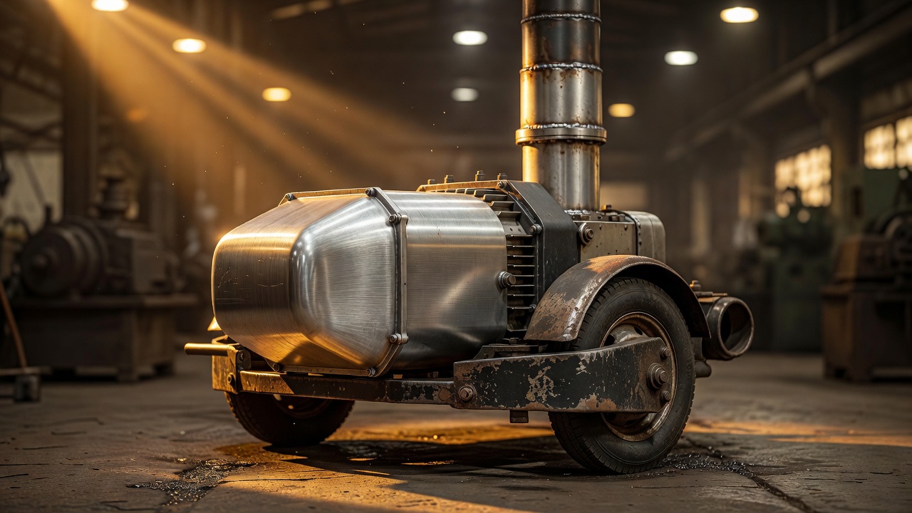 Wide-shot smokestack sidecar chassis at close range — brushed aluminum motor housing bolted beside worn tricycle axle, amber factory-floor light raking metal, shallow-focus warm lens flare.