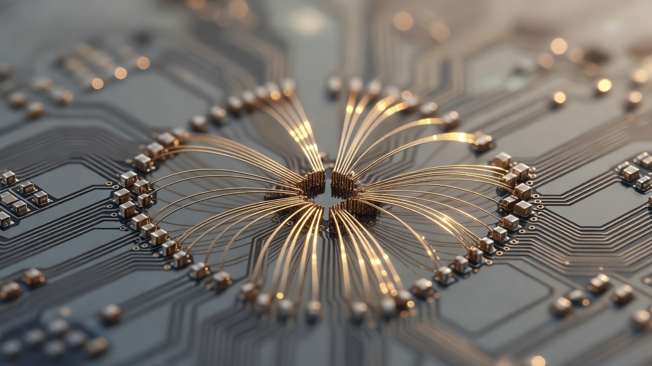 Thin gold wires fan out from a central point to small metal contact pads across fine circuit traces on a dark board.
