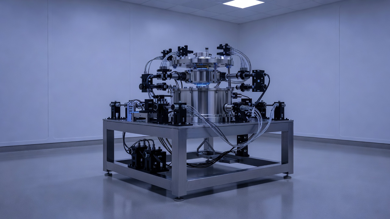 Wide establishing shot of a neutral-atom quantum processor platform inside a university spin-out cleanroom, freestanding optical isolation table with vacuum chamber and laser delivery optics, cool blue-hour ambient lighting, 24mm tilt-shift lens.