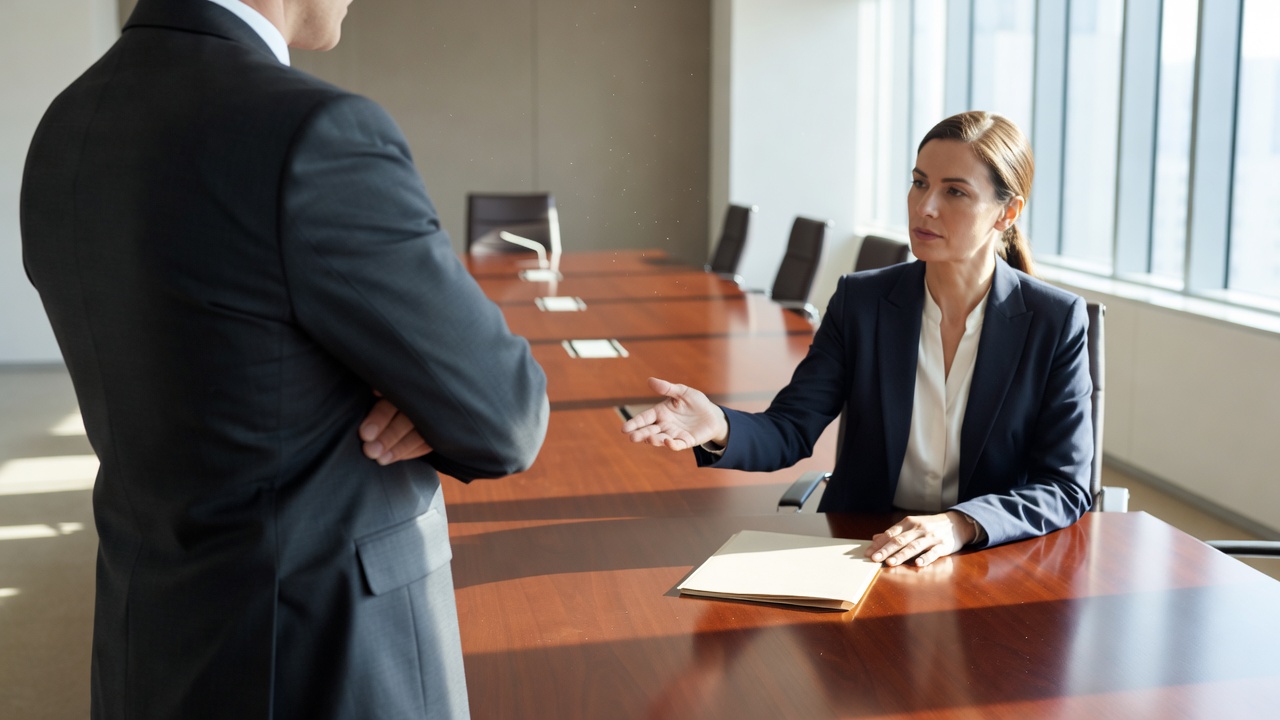 Over-the-shoulder medium shot of two business professionals at opposite ends of a long mahogany boardroom table during daytime, one standing with arms crossed, the other seated gesturing toward an unsigned document folder, large windows flooding the space with bright natural light, shot with shallow depth of field and clean high-key exposure.